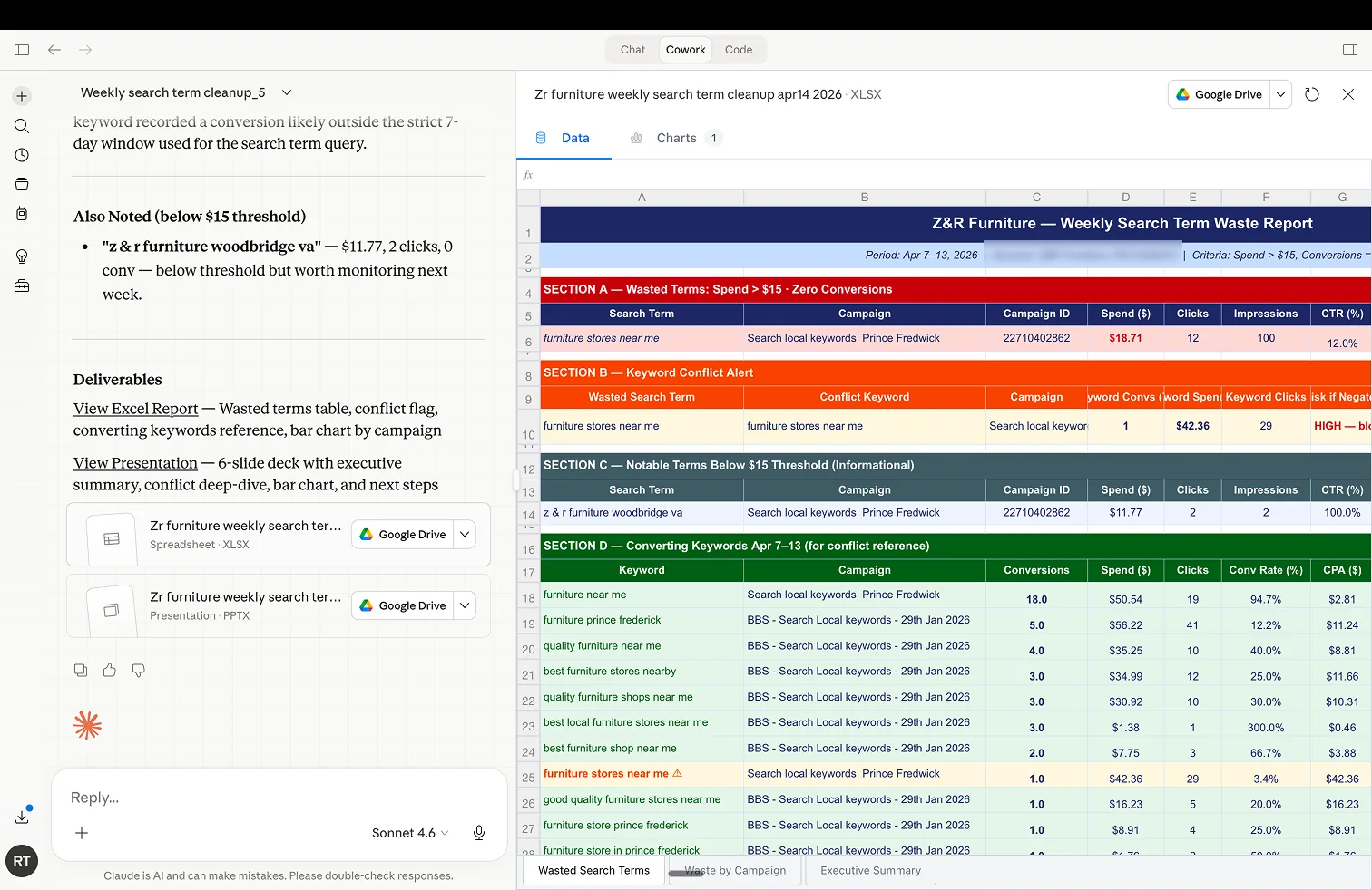 Excel report generated by a scheduled Claude task: a weekly search term waste report with wasted-terms table, keyword conflict alert, below-threshold terms, and converting keywords by campaign, delivered to Google Drive with a companion presentation.