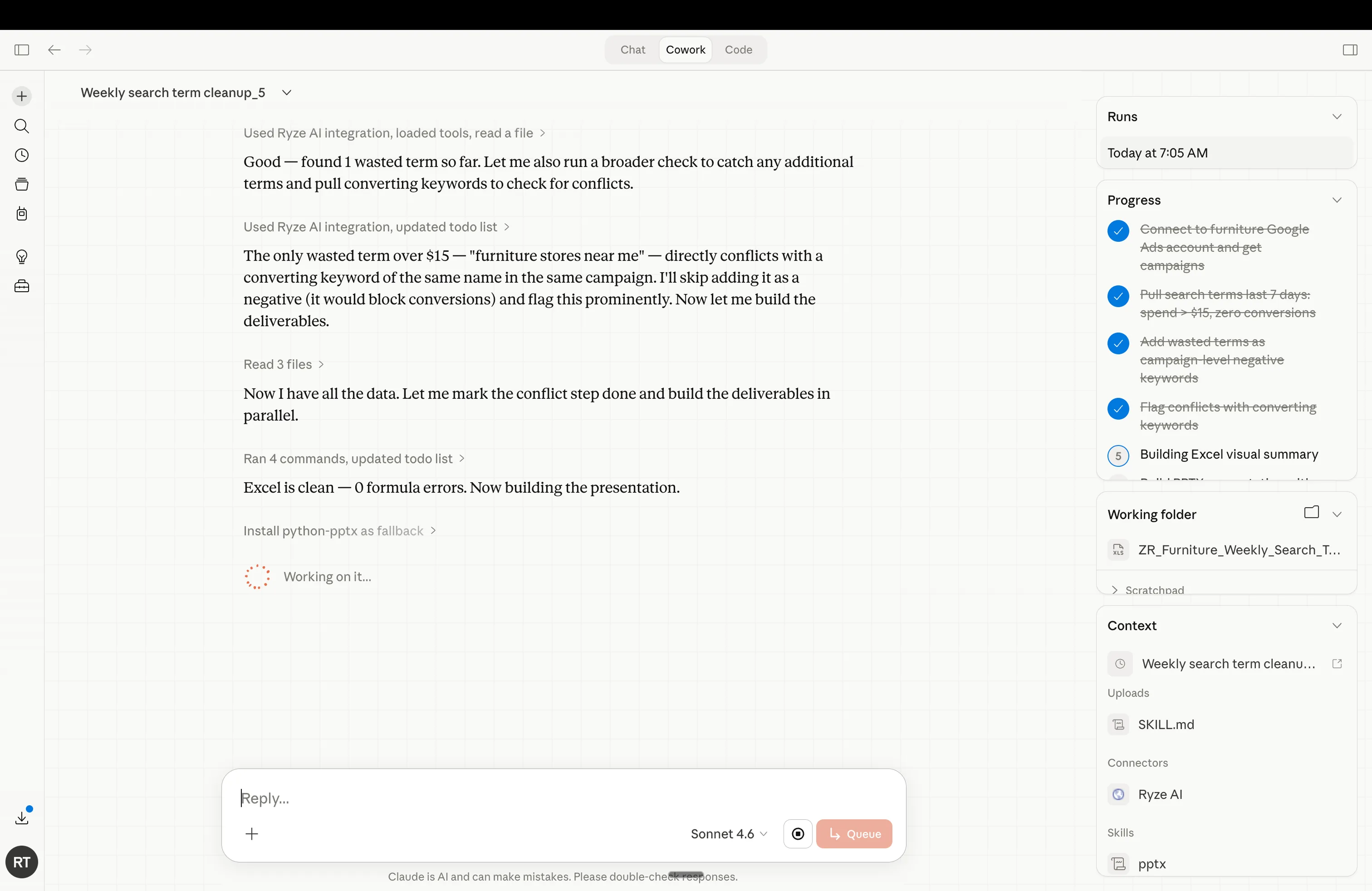 Claude Cowork mid-run on a weekly search term cleanup task: reading the Google Ads account via the Ryze MCP, flagging a wasted search term that conflicts with a converting keyword, and building the Excel deliverable with a progress checklist on the right.