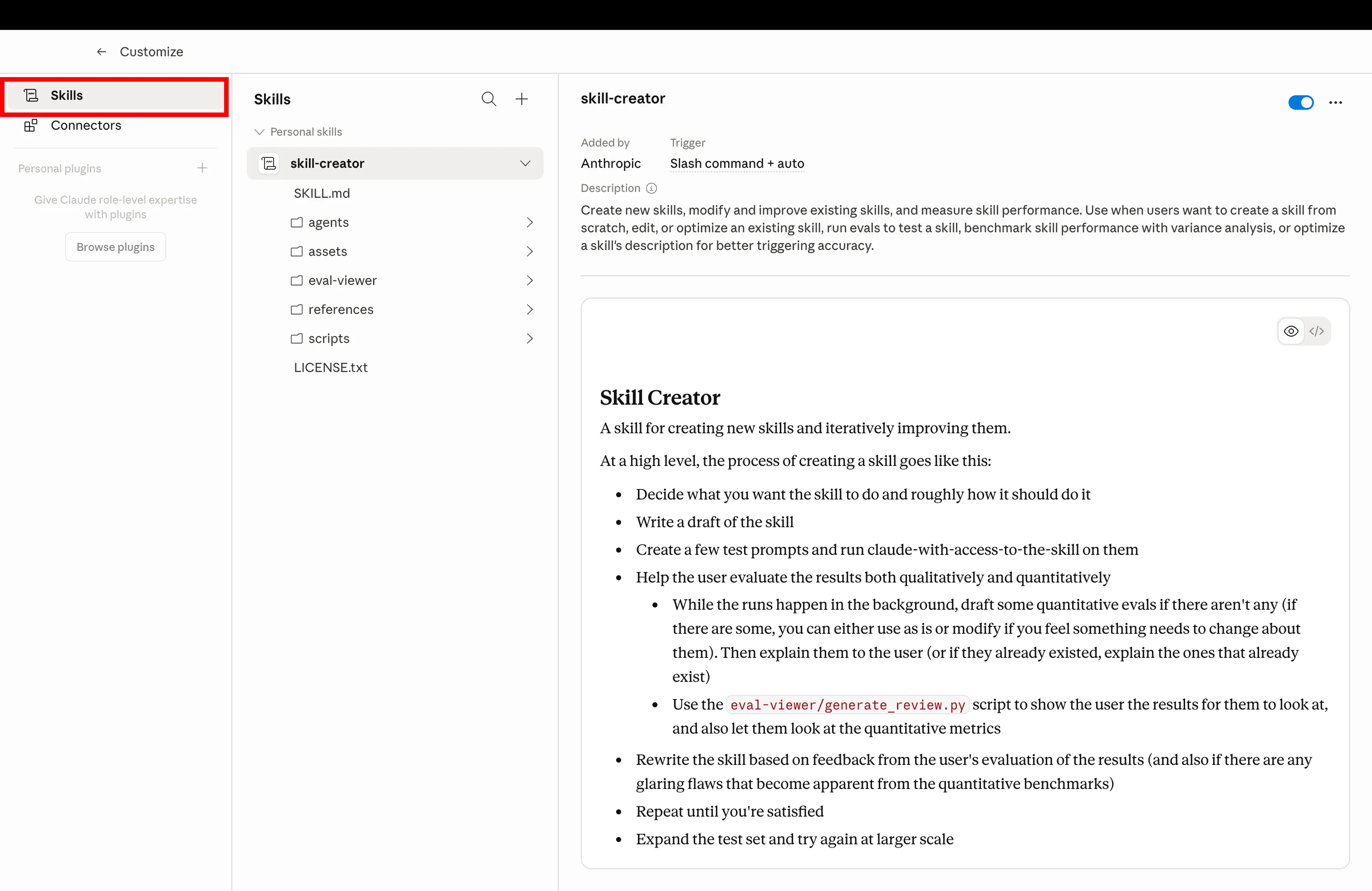 Click Skills tab in Claude Customize to manage installed Shopify skills