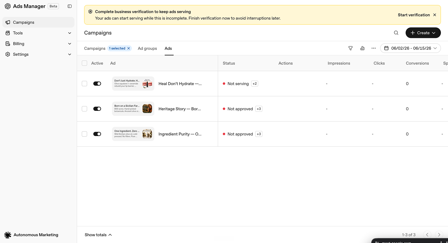 OpenAI Ads Manager showing three ad creatives pending business verification