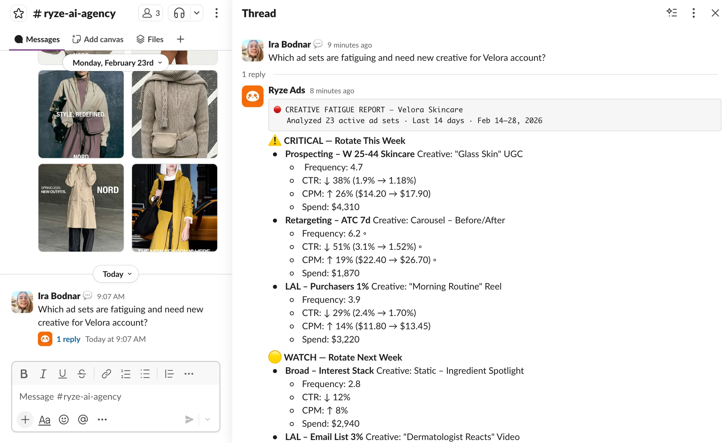 Ryze replying in Slack: a detailed creative-fatigue report in a thread