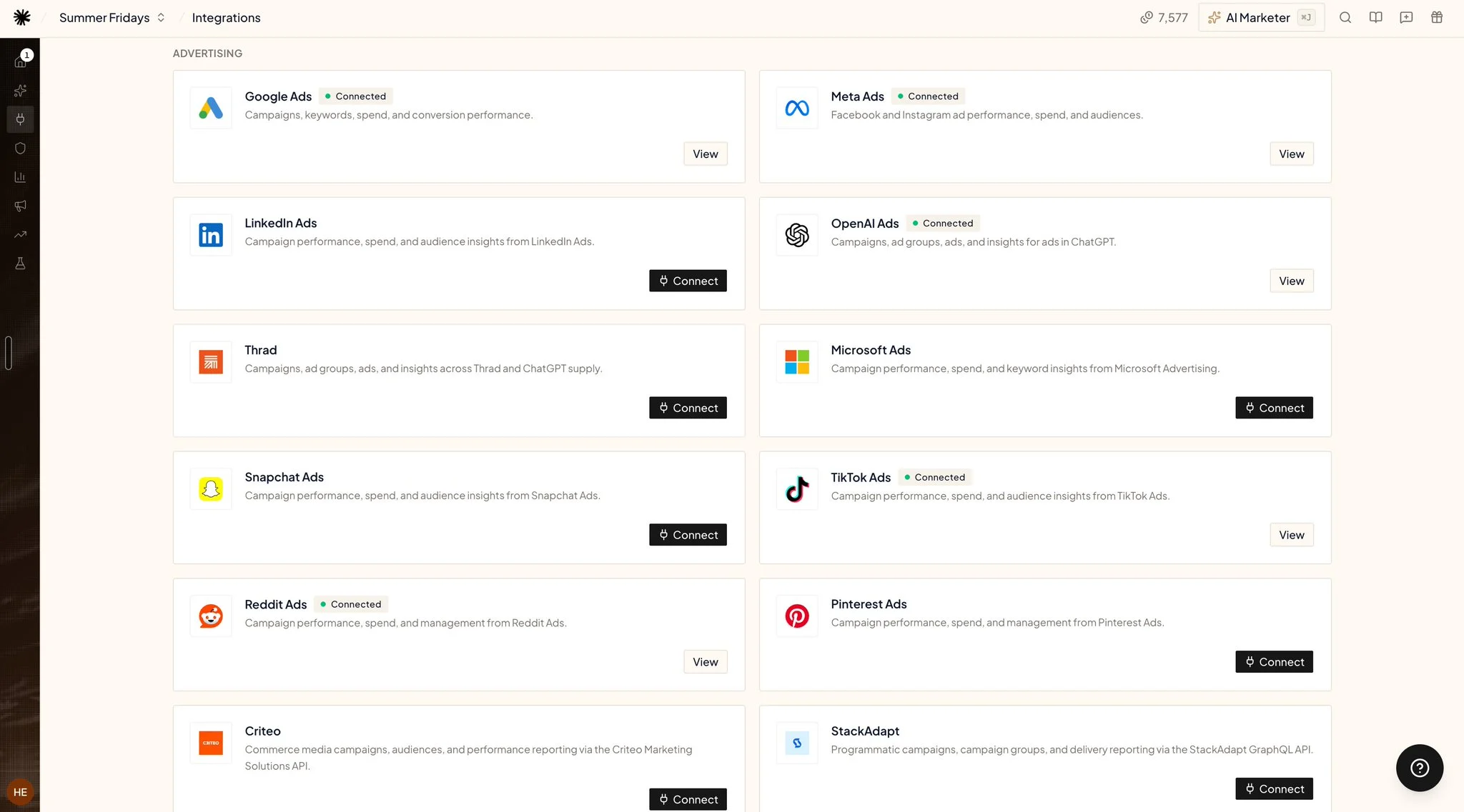 Integrations screen behind the connector: Google Ads, Meta Ads, TikTok Ads, Reddit Ads and OpenAI Ads connected, with LinkedIn Ads, Microsoft Ads, Snapchat Ads, Pinterest Ads, Thrad, Criteo and StackAdapt available to connect