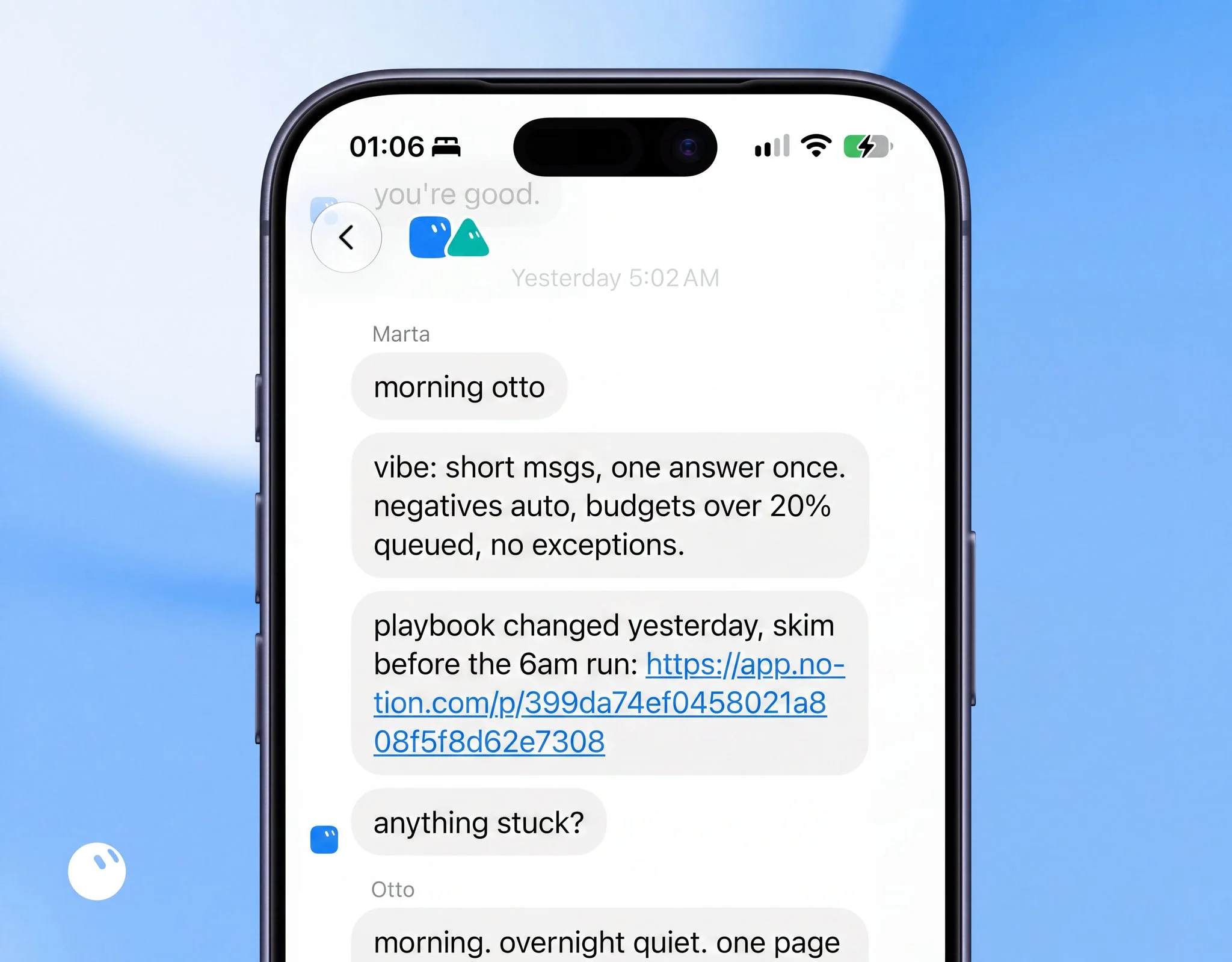 Marta, the Ops Grok Bot, onboarding Otto the SEO bot in a group chat at 5:02 AM: vibe is short messages, one answer once, negatives auto, budgets over 20% queued, no exceptions; the playbook changed yesterday, skim before the 6am run, with the Notion playbook link; then asks anything stuck