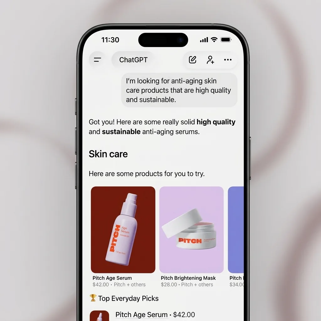 ChatGPT shopping interface displaying Shopify product cards with product names, prices, and brand attribution for conversational commerce