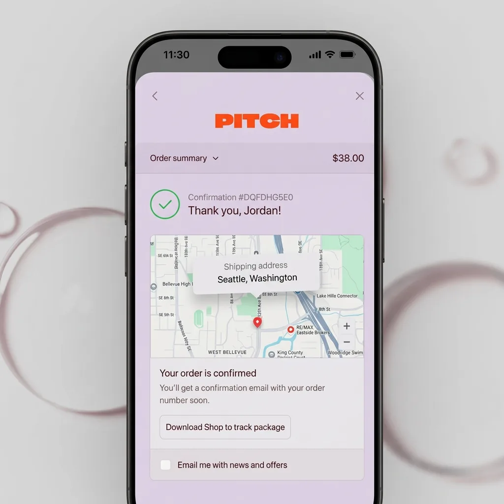 Order confirmation page after completing a Shopify purchase through ChatGPT showing order number, shipping address, and delivery tracking