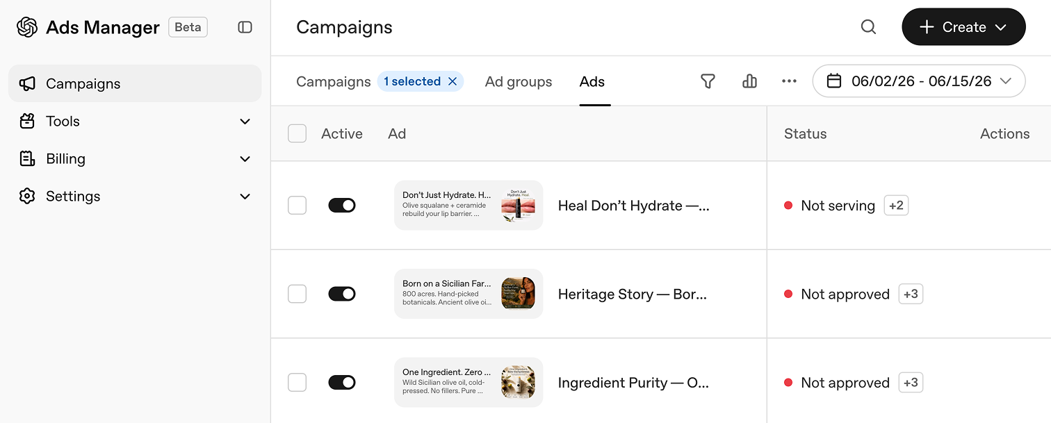 Ryze launching and managing ad campaigns inside the ChatGPT Ads Manager