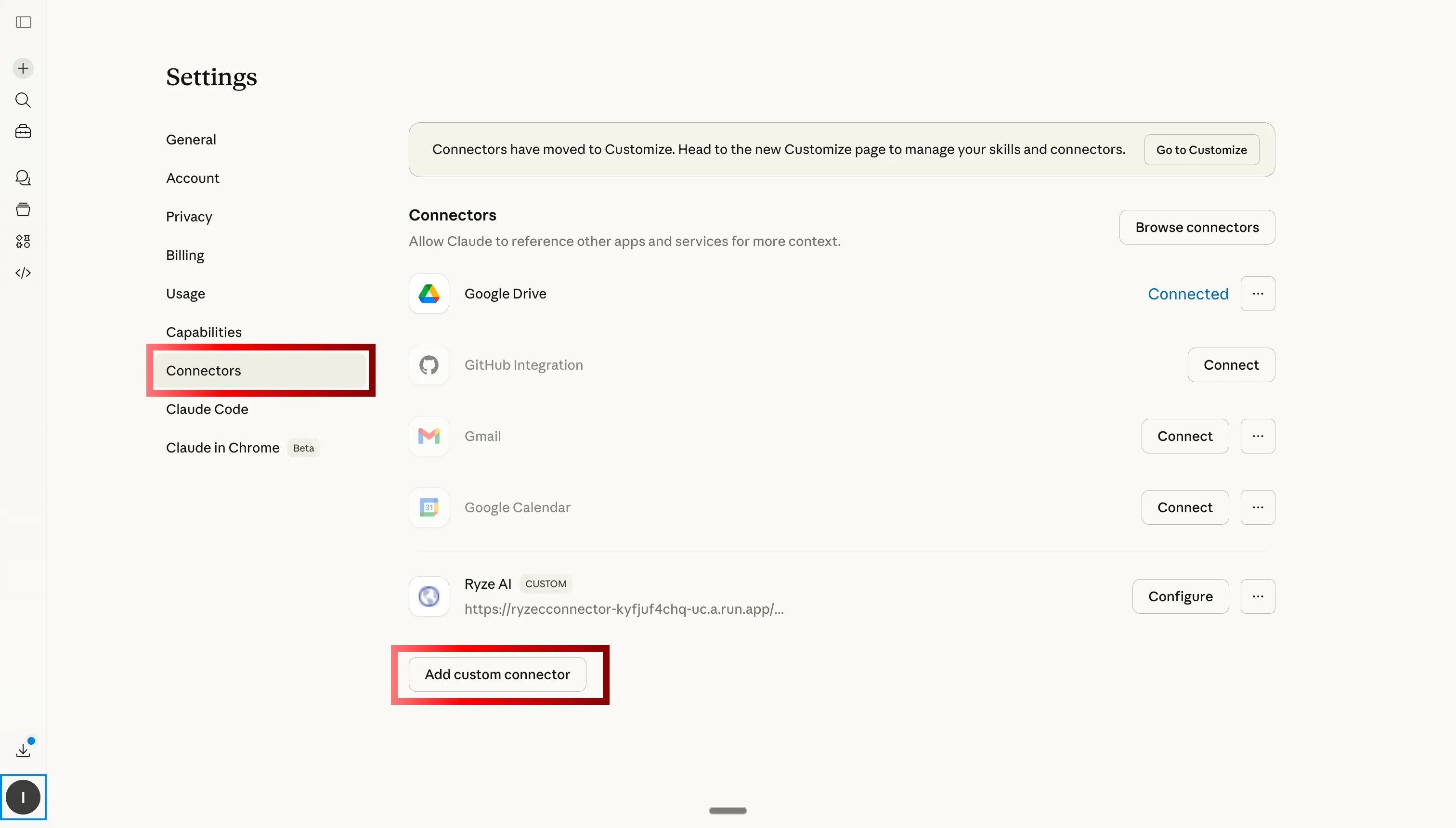 Navigate to custom connectors tab in Claude AI settings