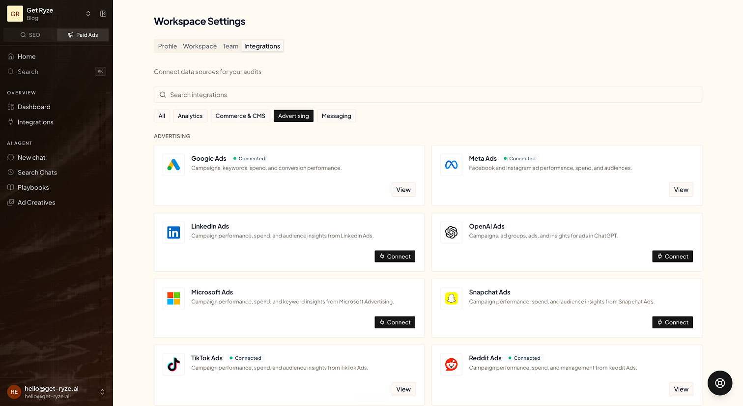 Ryze Integrations — connect Shopify, Google Ads, Meta Ads, and GA4 to Claude