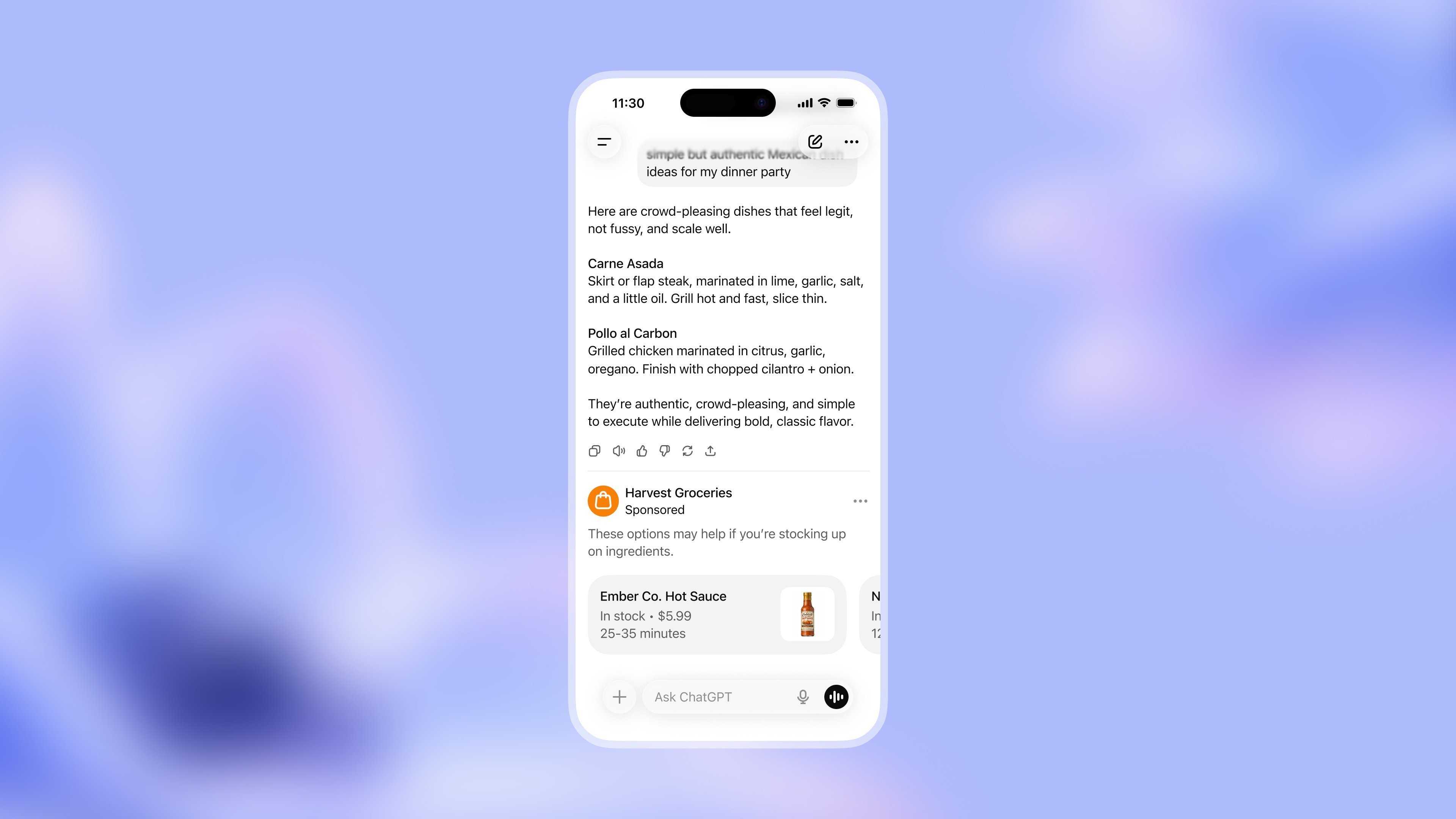 A sponsored placement labeled Sponsored appearing below a ChatGPT answer, with product cards
