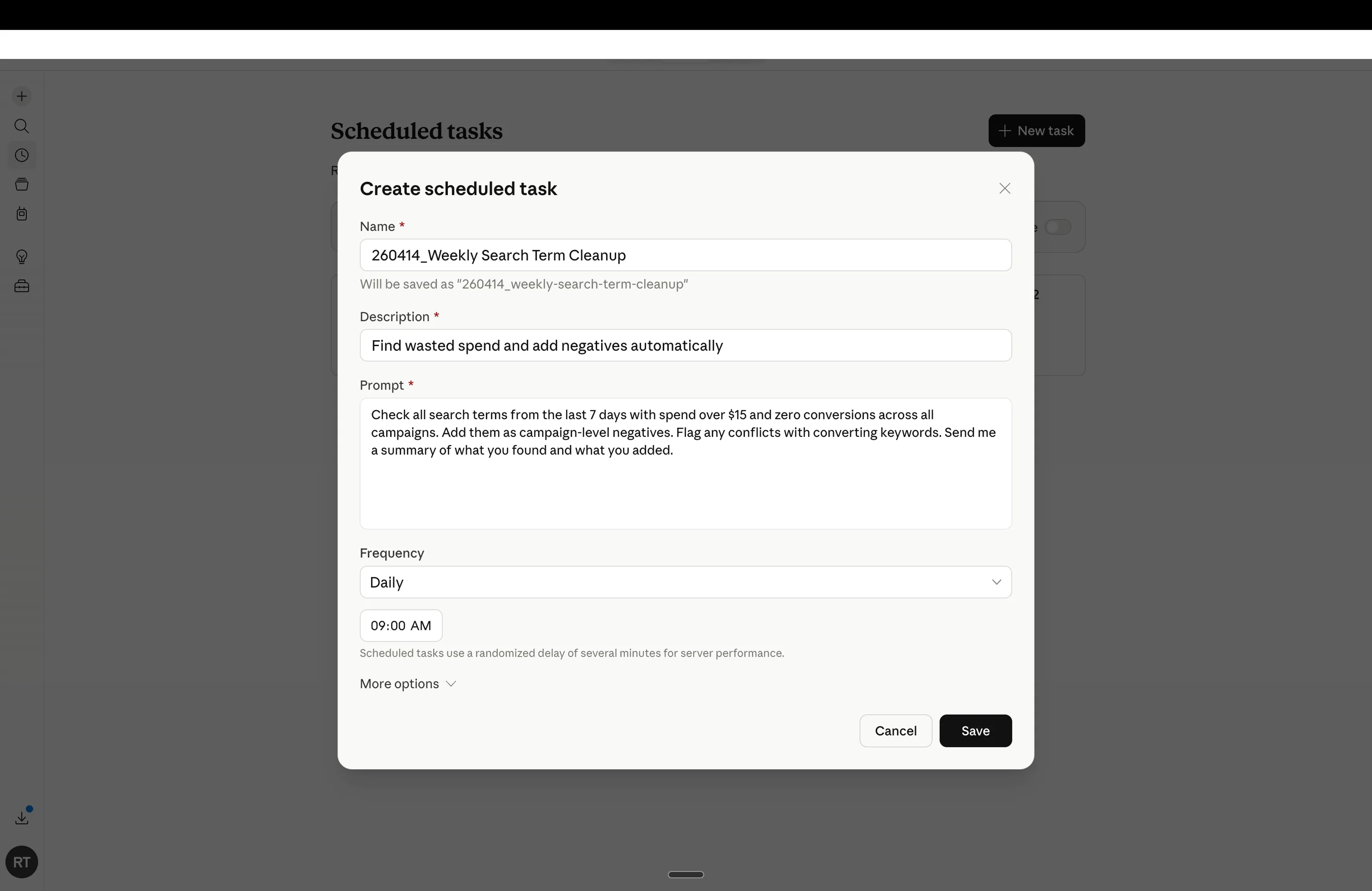 Create scheduled task modal in Claude Cowork showing name, description, prompt, frequency, and time fields.