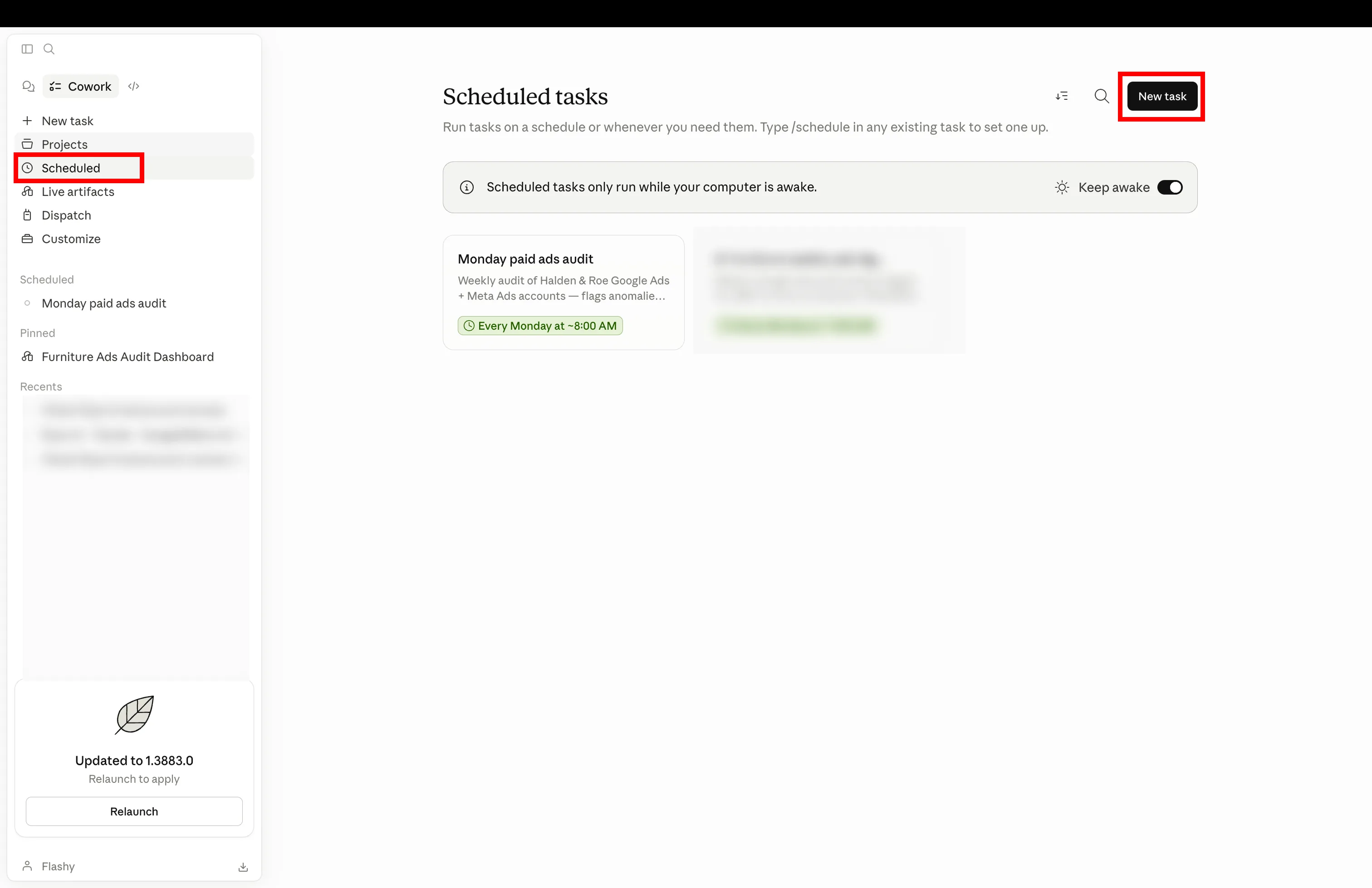 Claude Cowork scheduled tasks dashboard. Sidebar shows the Scheduled section selected. Main pane lists existing tasks with the New task button highlighted in the top right.