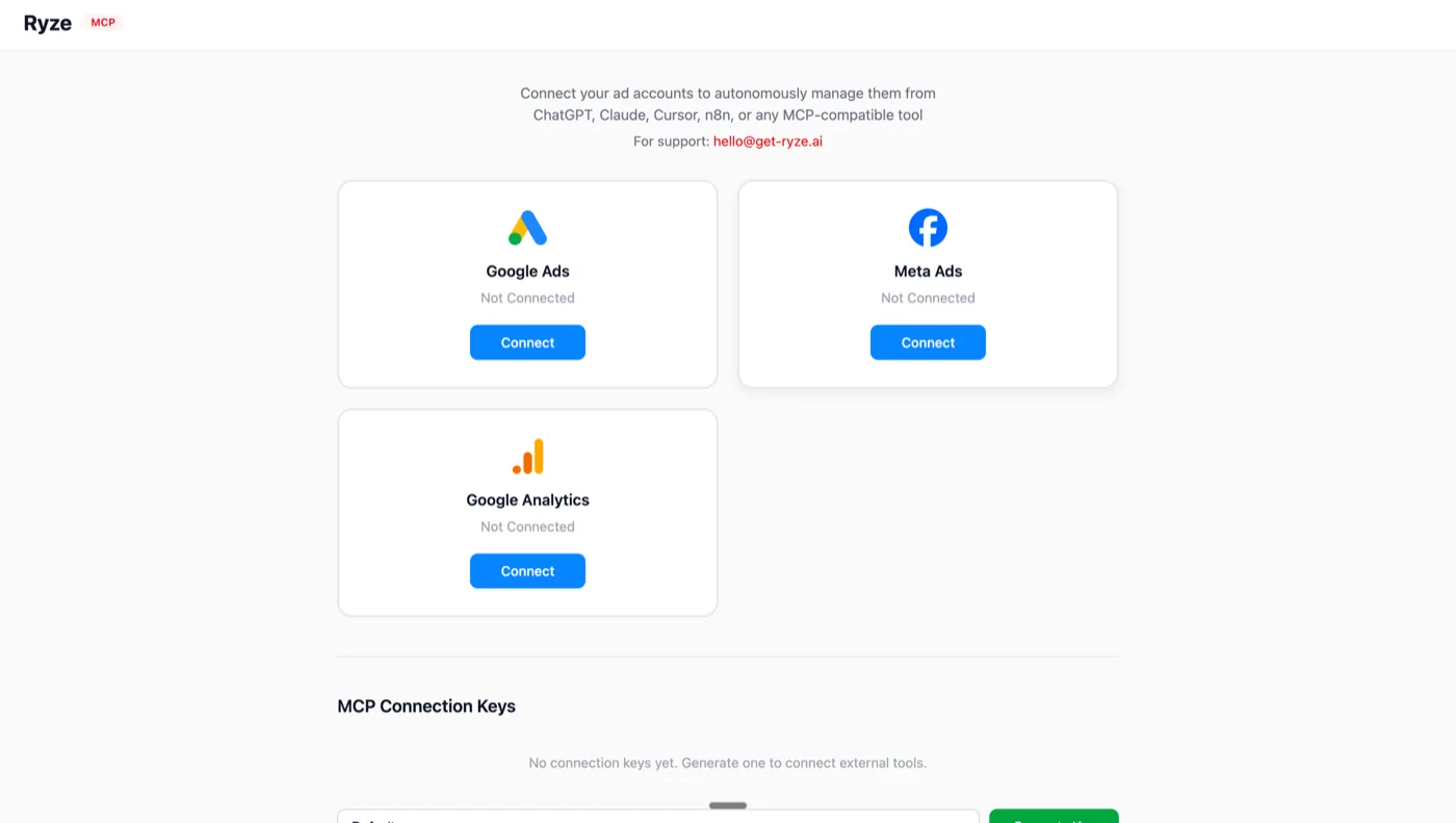 Ryze MCP connect screen for Claude AI ad dashboards — Google Ads, Meta Ads, Google Analytics OAuth tiles.
