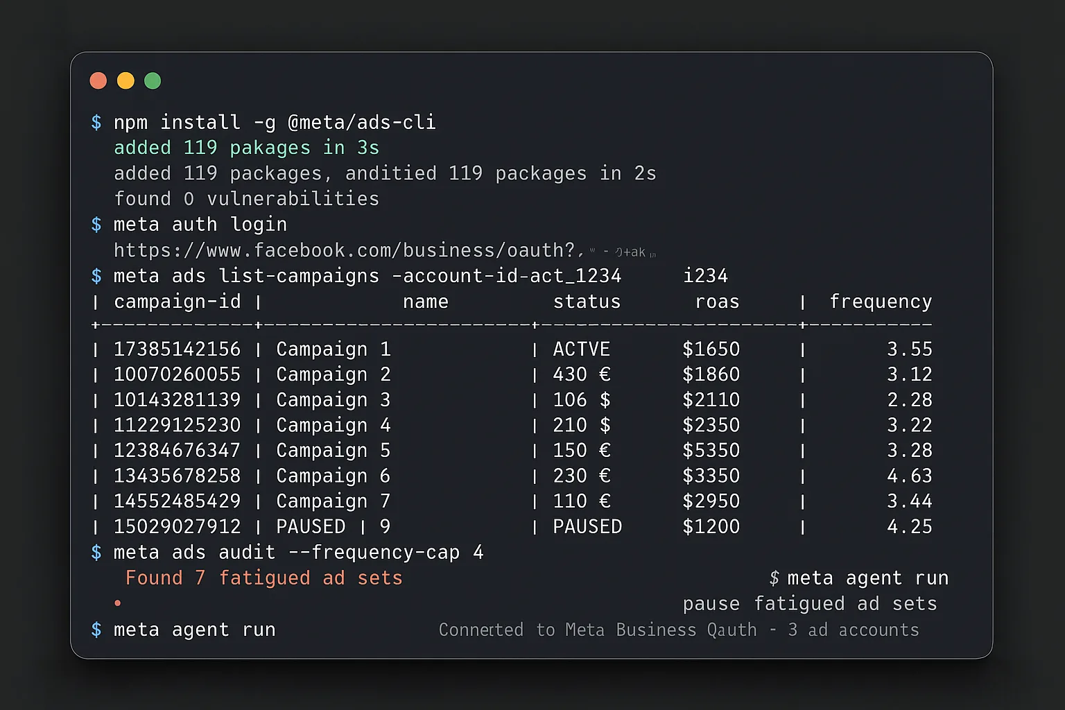 Meta Ads CLI installed and running in macOS terminal — meta auth login, meta ads list-campaigns, meta agent run for terminal AI agents like Claude Code and Codex