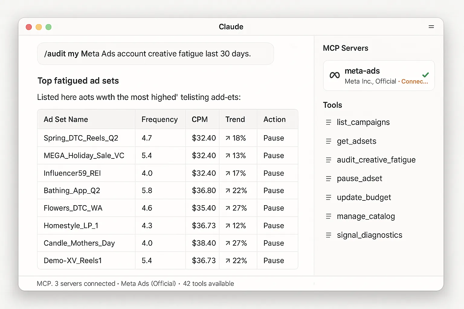 Meta MCP for Claude — the official Meta Ads MCP server connected and active in Claude Desktop, querying campaigns and auditing creative fatigue from a plain-English prompt