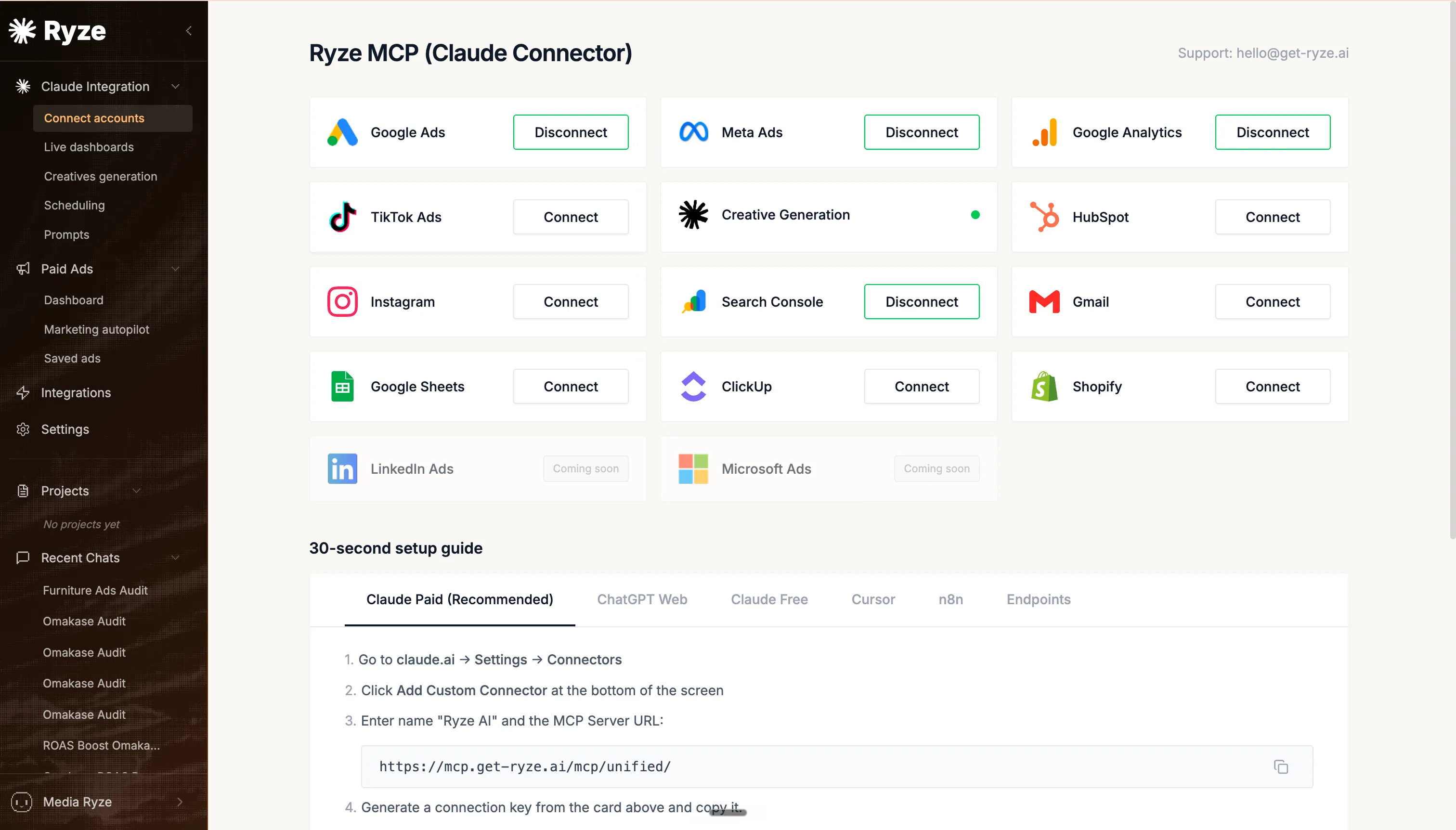 The Ryze MCP Claude Connector dashboard — connect Google Ads, Meta, TikTok, GA4, Search Console, Shopify, HubSpot, Instagram, Gmail, Google Sheets, ClickUp and more in one click each