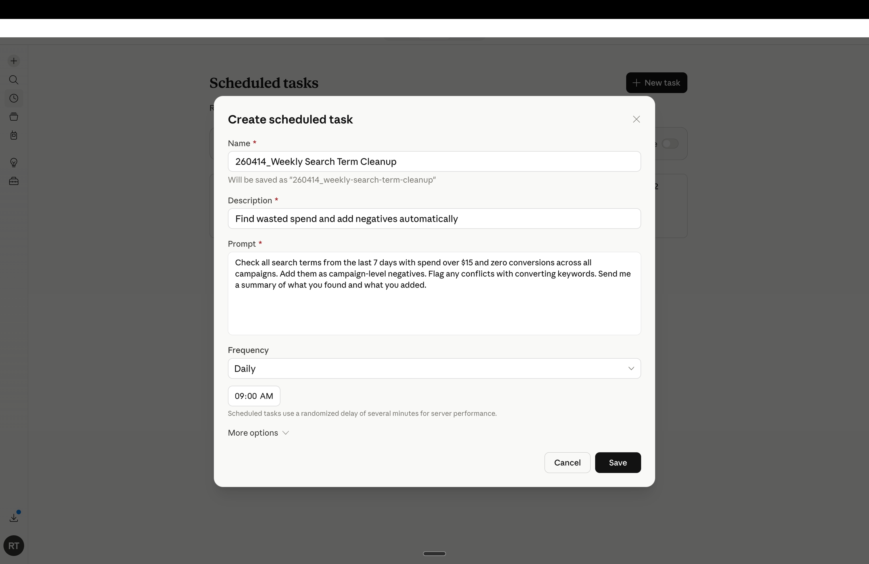 Ryze scheduled-task setup: a daily Weekly Search Term Cleanup task with its prompt