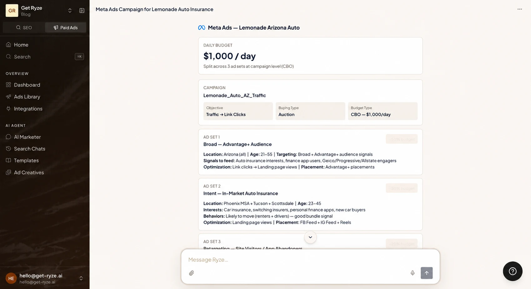 Ryze AI Google Ads dashboard showing autonomous optimizations — raised bids, paused low-CTR keywords, and budget shifts — each with its conversion impact and an applied status, alongside a recent-actions activity feed and a conversions chart trending up.