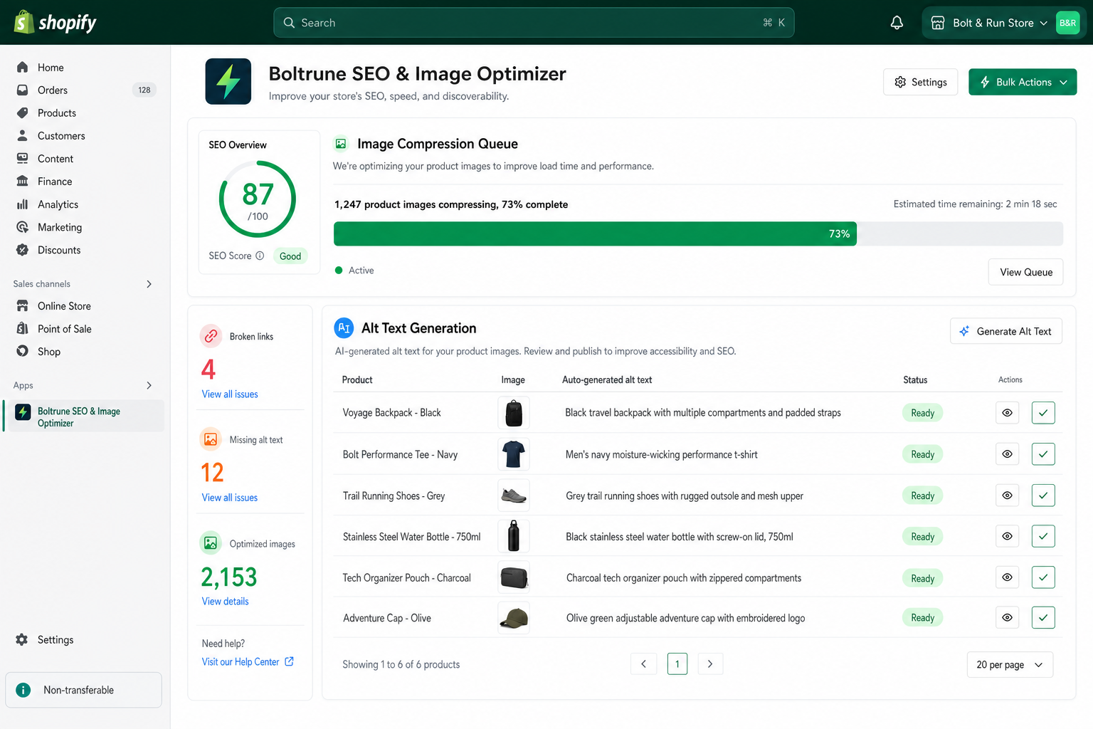 Boltrune SEO & Image Optimizer — bulk image compression and alt-text automation for Shopify products