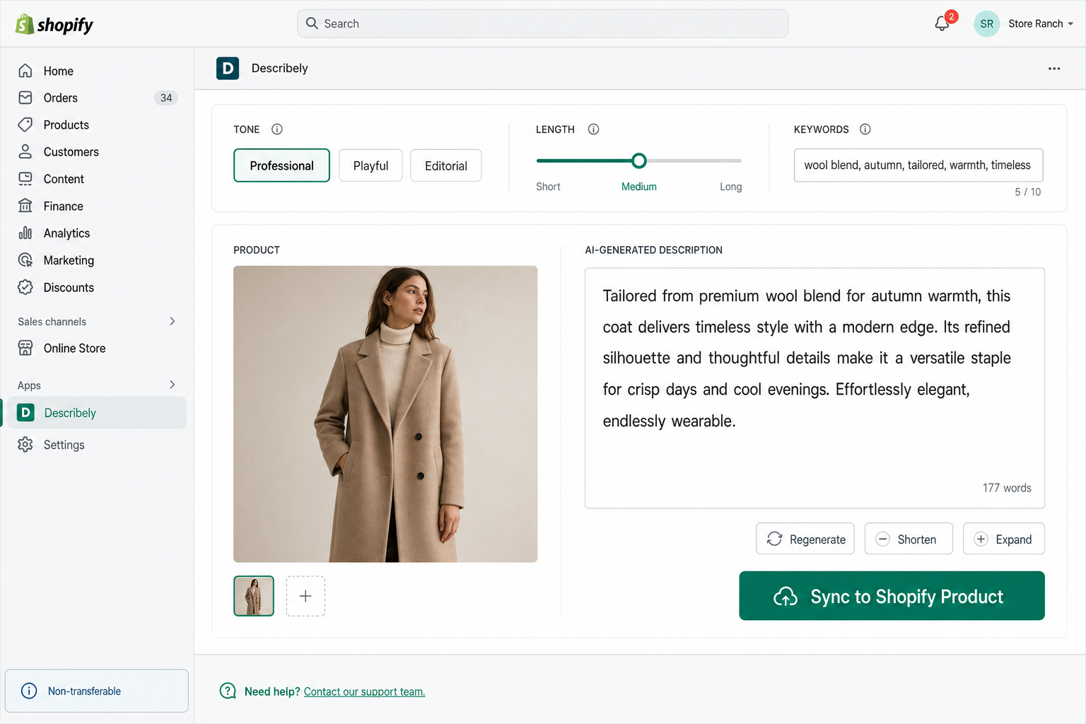 Describely — Shopify-native AI product description app inside the Shopify admin with one-click sync to product pages
