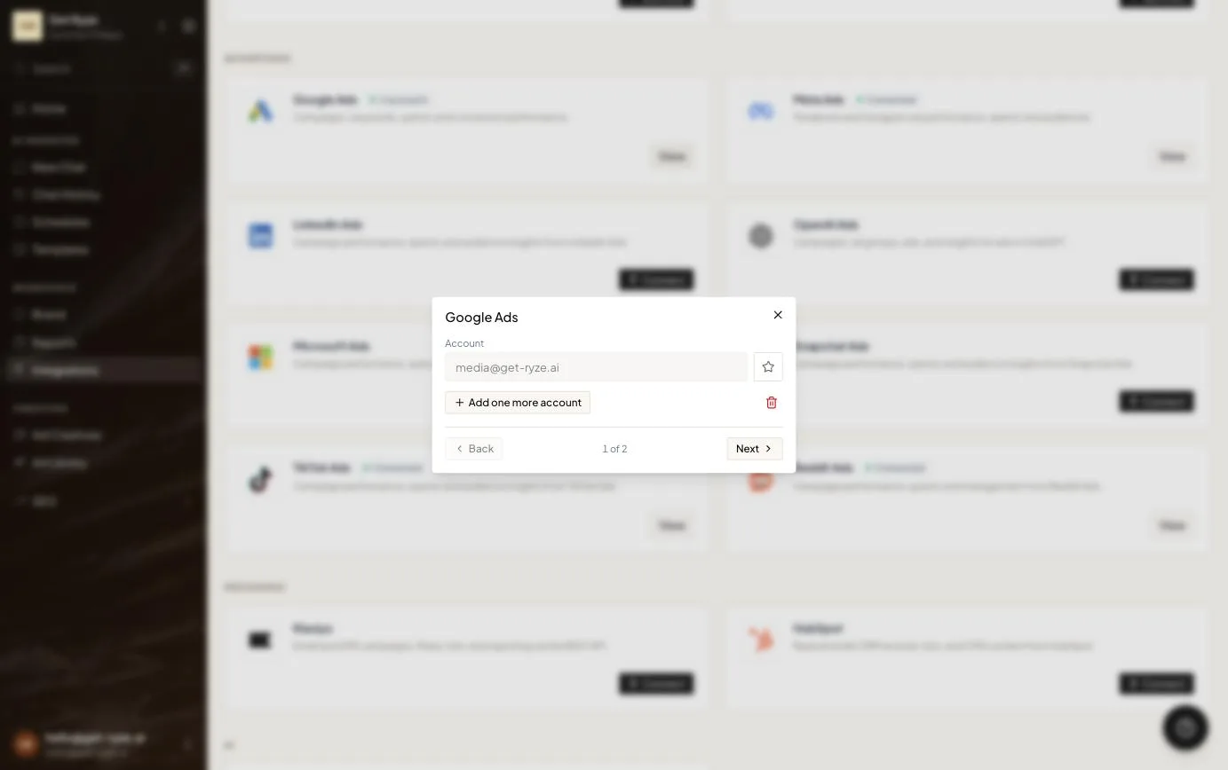 Google Ads account connected via OAuth — the authorized account email shows in the connection modal