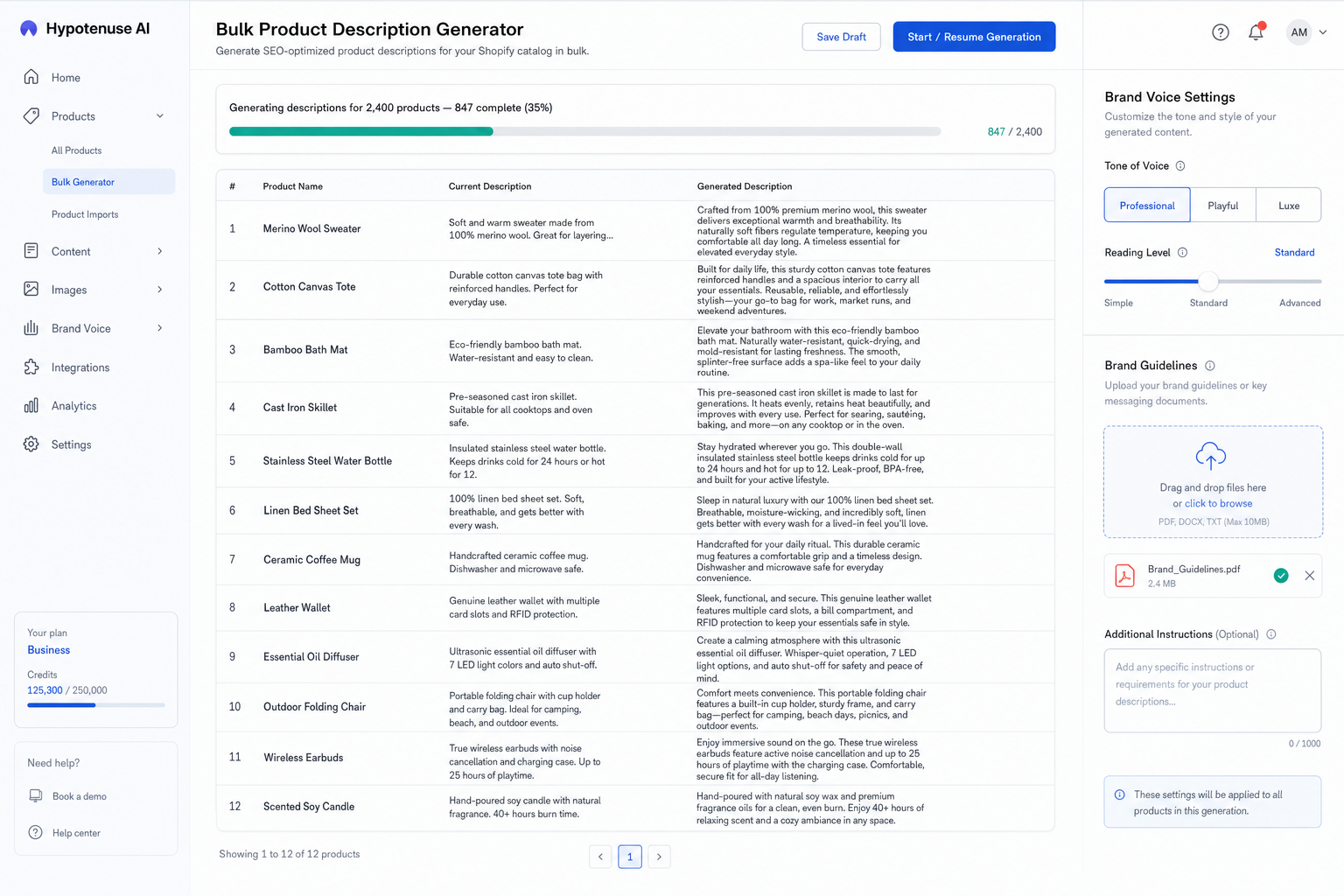 Hypotenuse AI — bulk Shopify product description generation with CSV import, brand voice training, and A/B variant testing