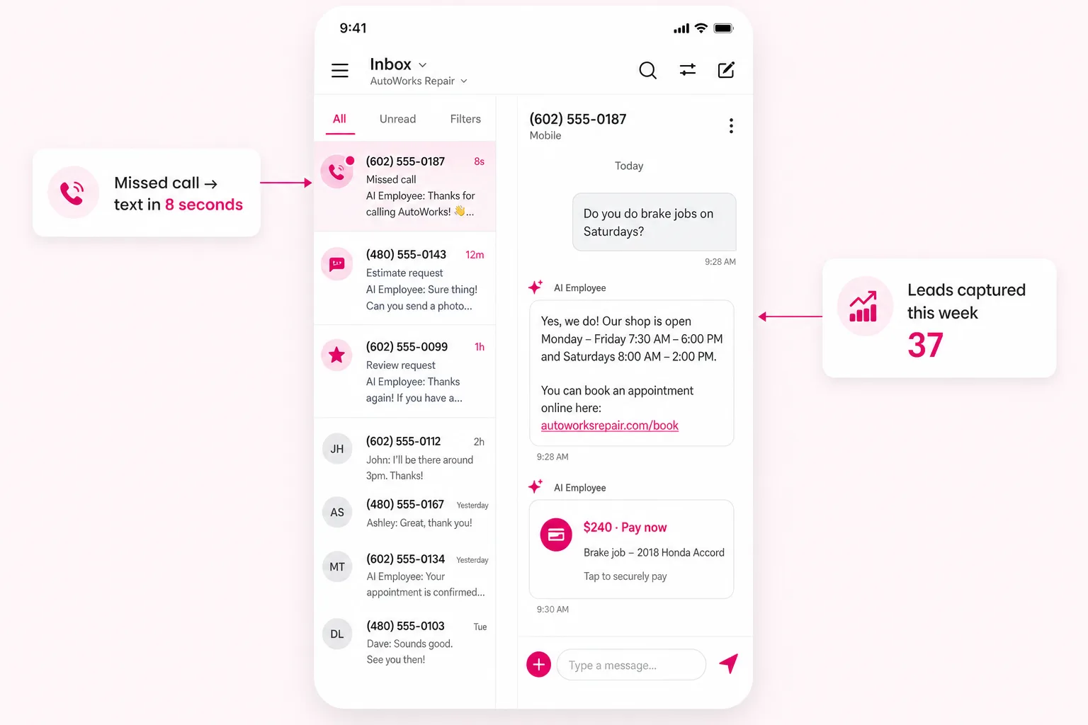Podium-style texting inbox on mobile for a repair shop where an AI Employee answers a brake-service question with hours and a booking link, with missed-call text-back and 37 leads this week.