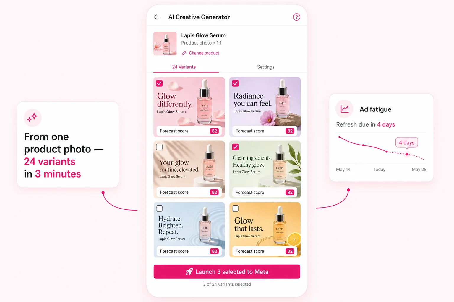 Lapis-style creative generator on mobile with six ad variants scored by pre-launch forecast, a launch-to-Meta button, and a refresh-due fatigue timer.