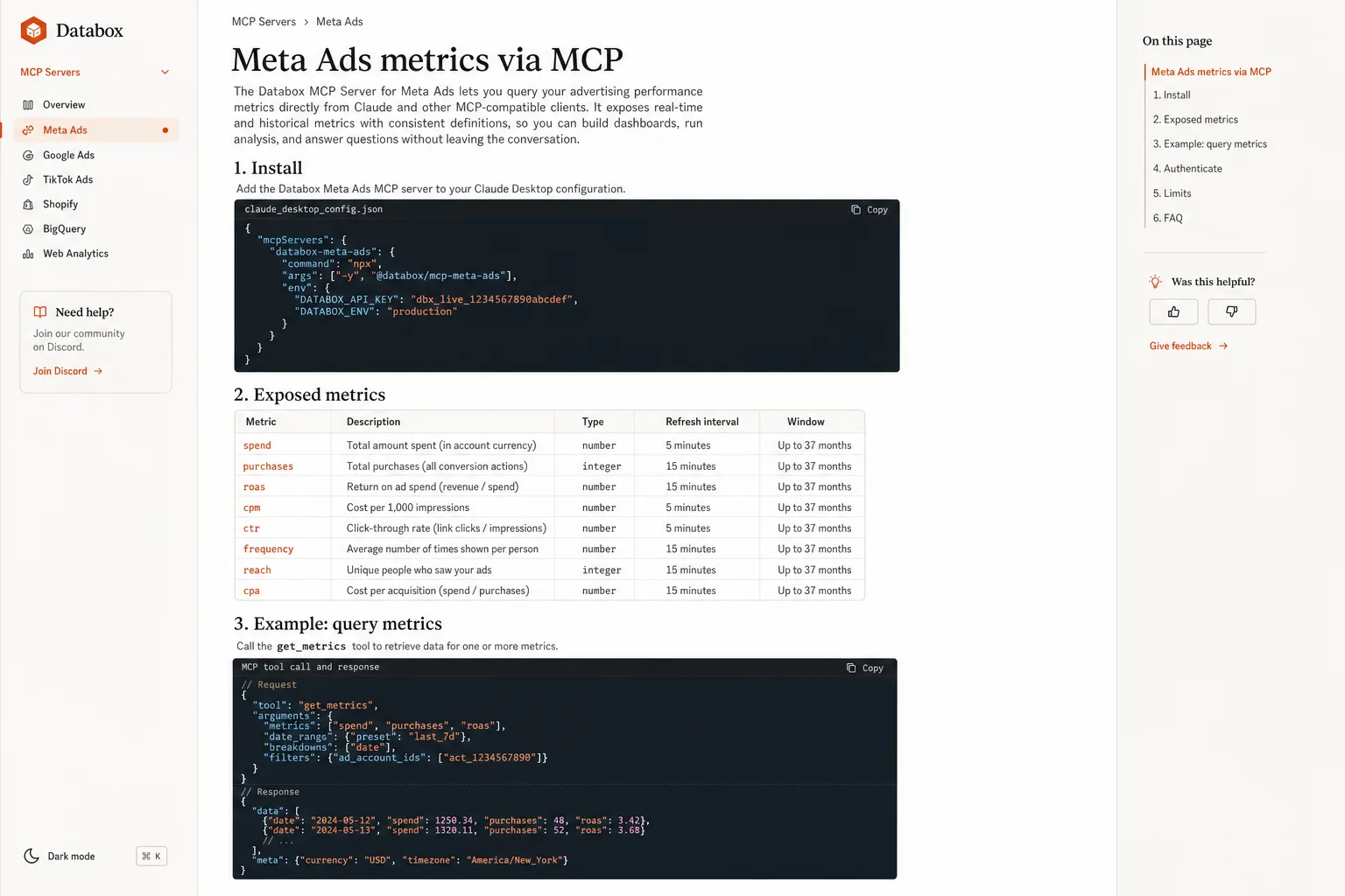 Databox-style documentation page for the Meta Ads metrics MCP server with the Claude Desktop config block, an eight-metric table with refresh intervals and a sample tool call.