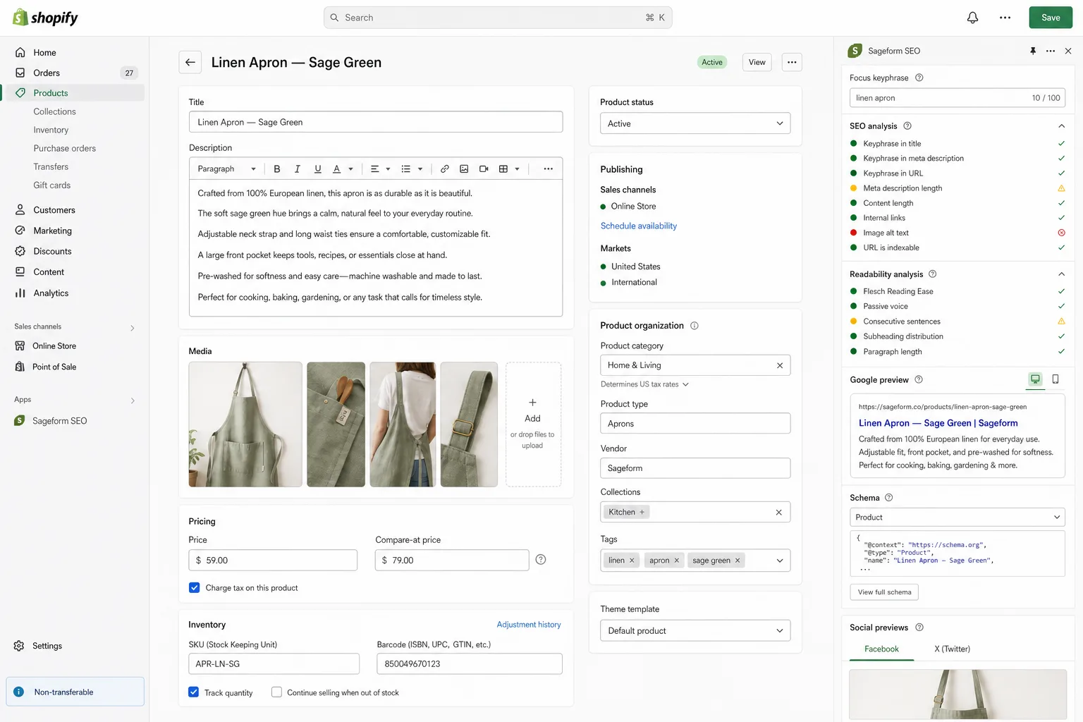 Sageform SEO — readability checks, focus keyphrase analysis, and meta editor inside the Shopify product editor