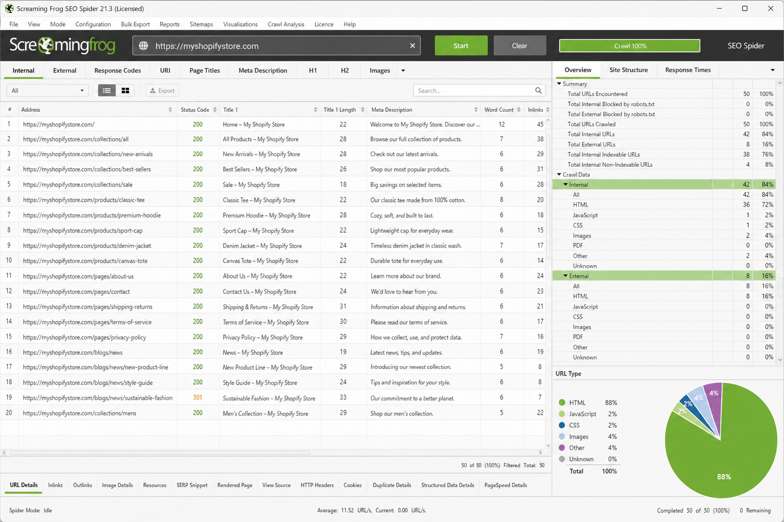 Screaming Frog SEO Spider — desktop crawler results for a Shopify store with internal links, canonical tags, response codes and meta data