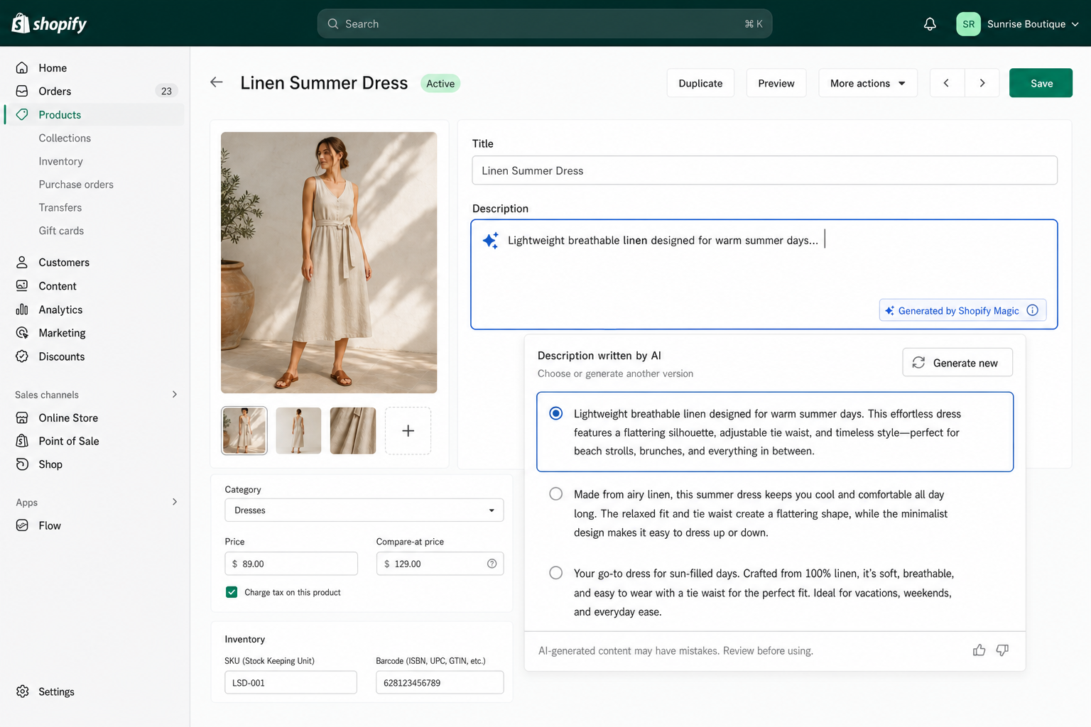 Shopify Magic — native AI product description generator inside the Shopify admin product editor