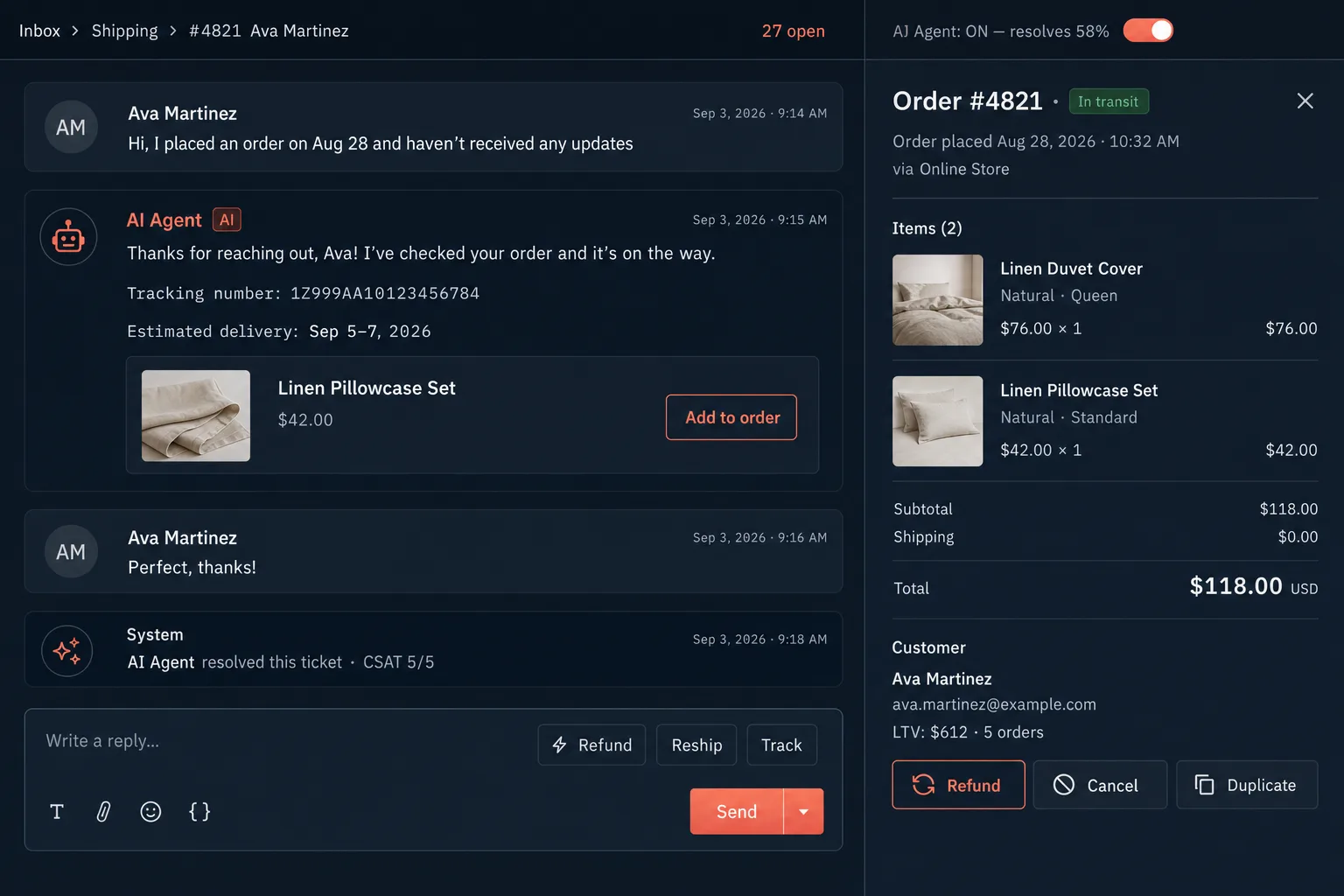 Gorgias-style helpdesk conversation where the AI Agent answers a where-is-my-order ticket with tracking, an estimated delivery and an add-to-order product suggestion, beside the Shopify order panel with LTV and refund actions.