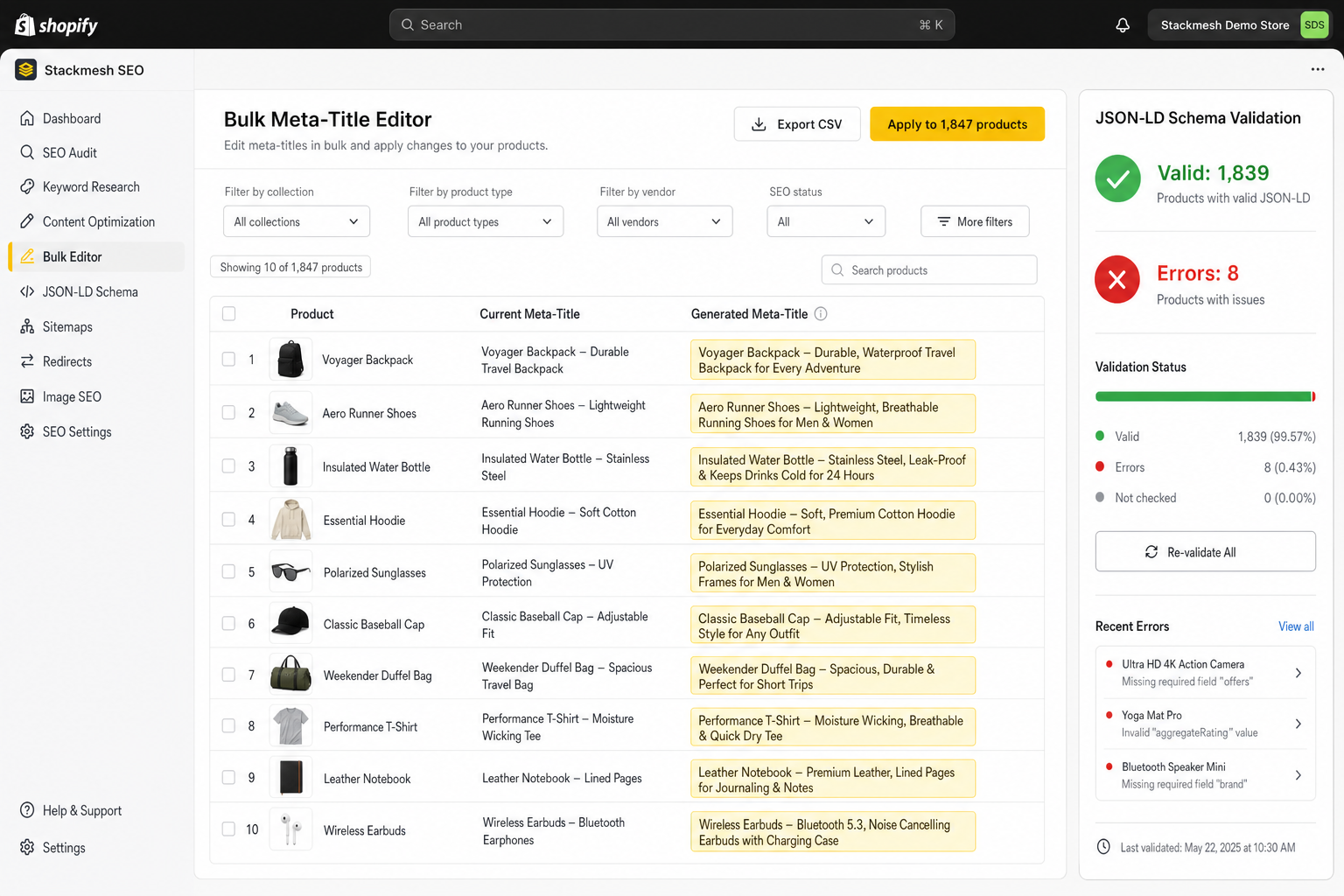 Stackmesh SEO — bulk meta title and description generator for large Shopify product catalogs