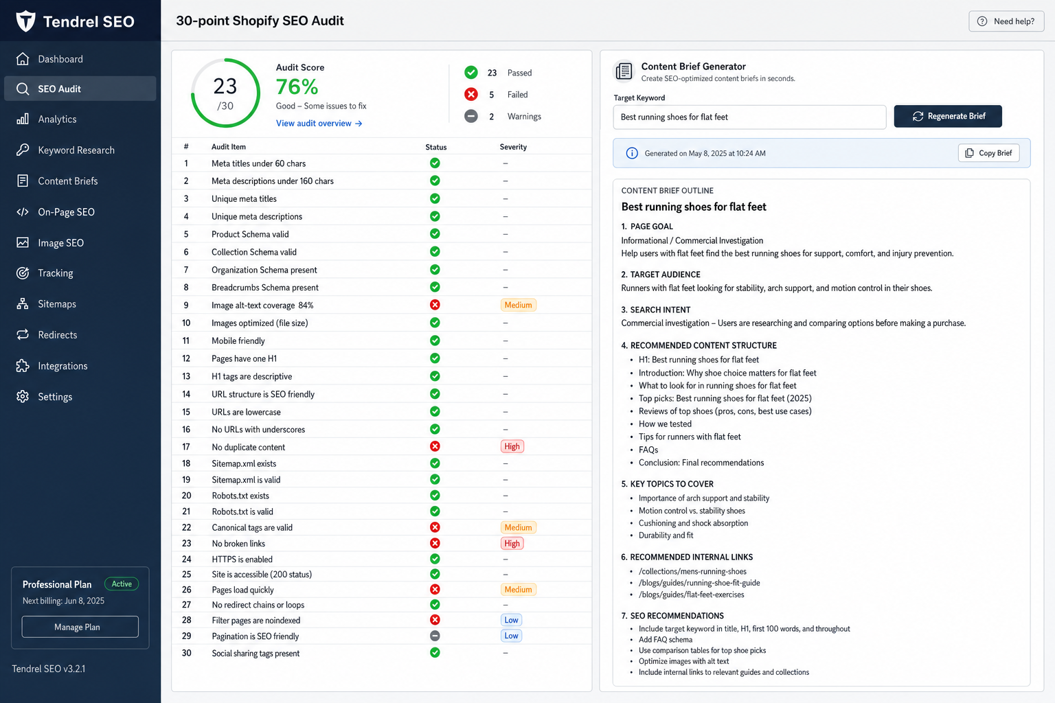 Tendrel SEO — long-standing Shopify App Store SEO audit and content brief tool