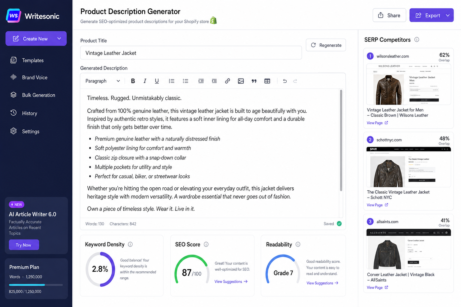 Writesonic AI — SEO-focused product description generator with keyword research and SERP competitor analysis for Shopify stores