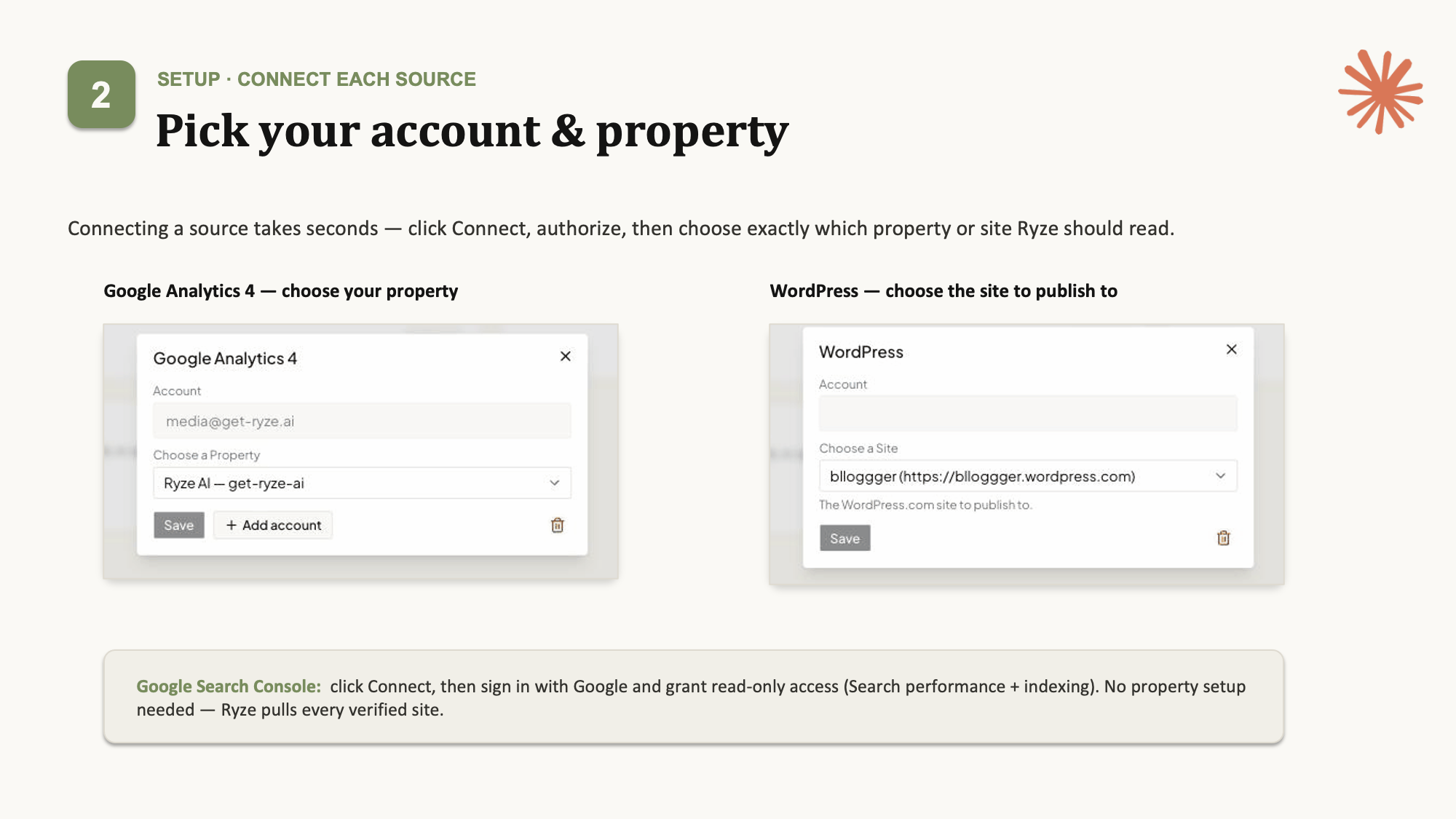 Pick your account and property for each connected source