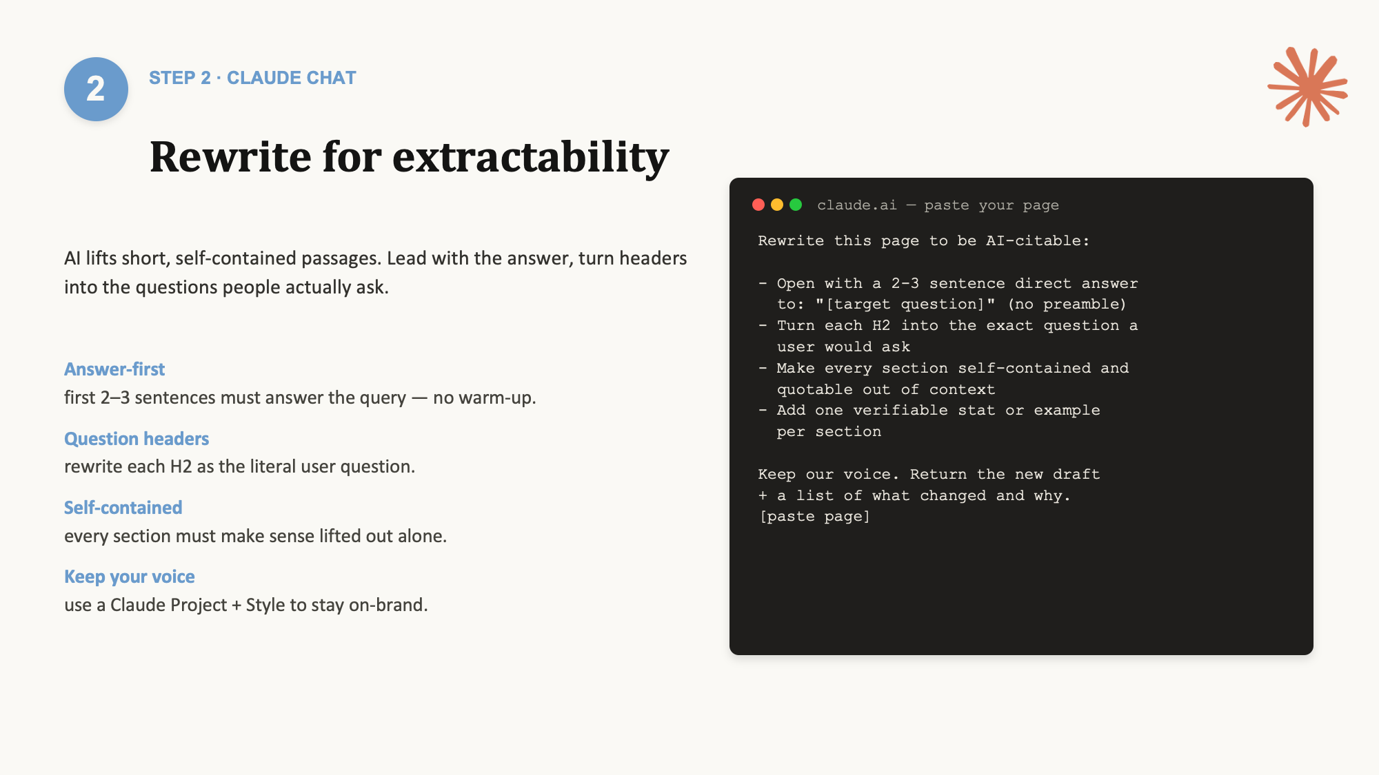 Step 2 — rewrite pages for extractability: answer-first, question headers, self-contained
