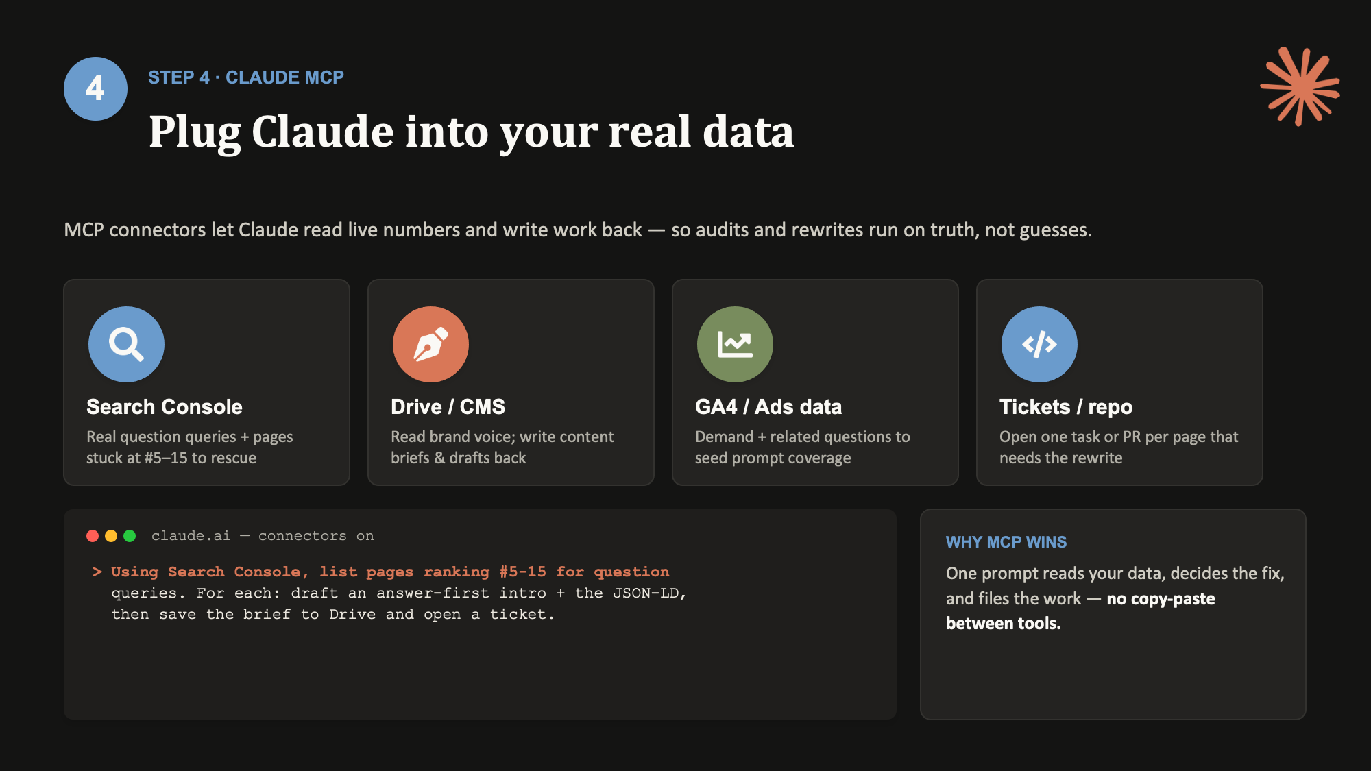 Step 4 — plug Claude into your real data over MCP (Search Console, Drive, GA4, tickets)