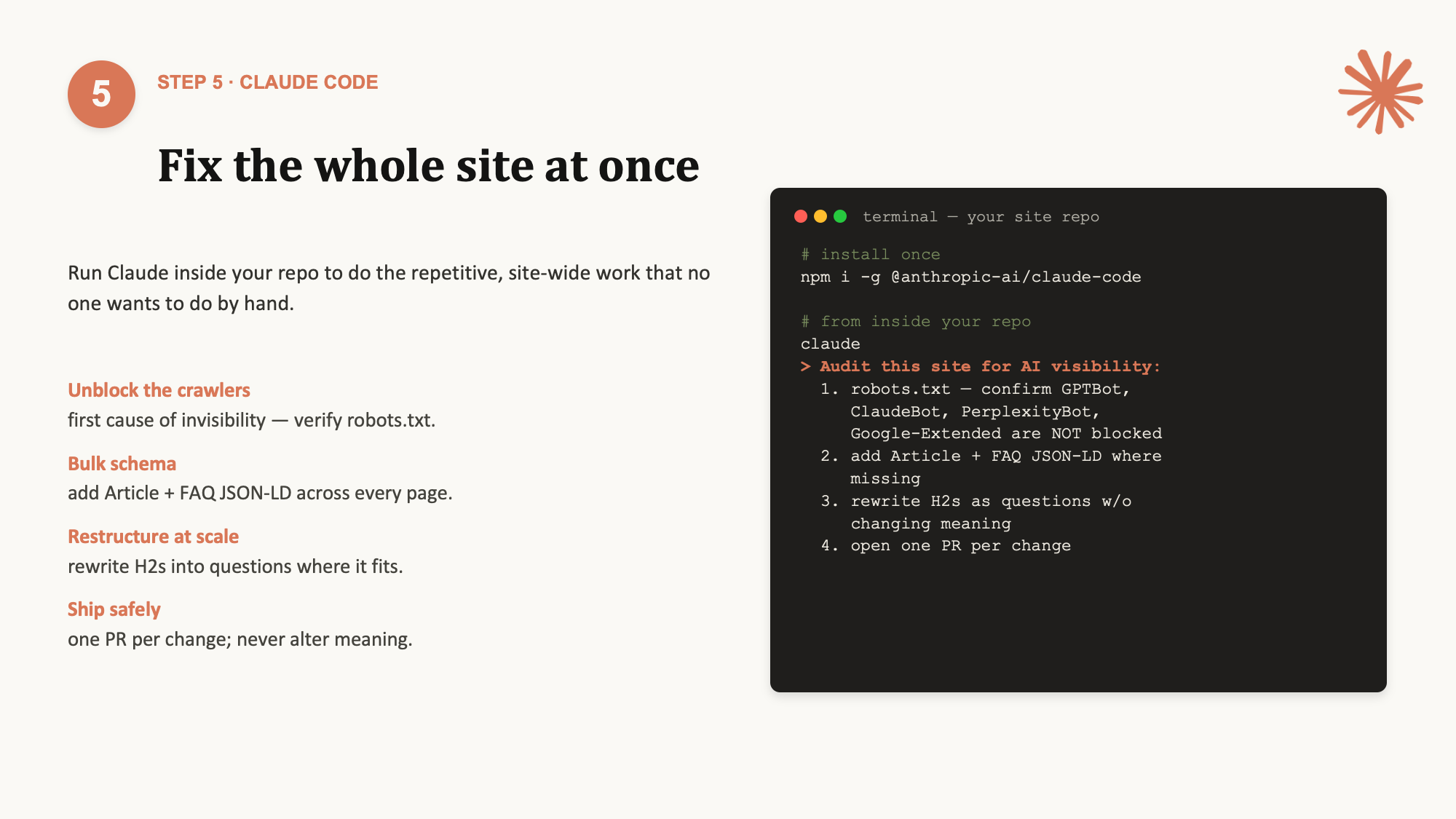 Step 5 — use Claude Code to fix the whole site at once: crawlers, bulk schema, structure