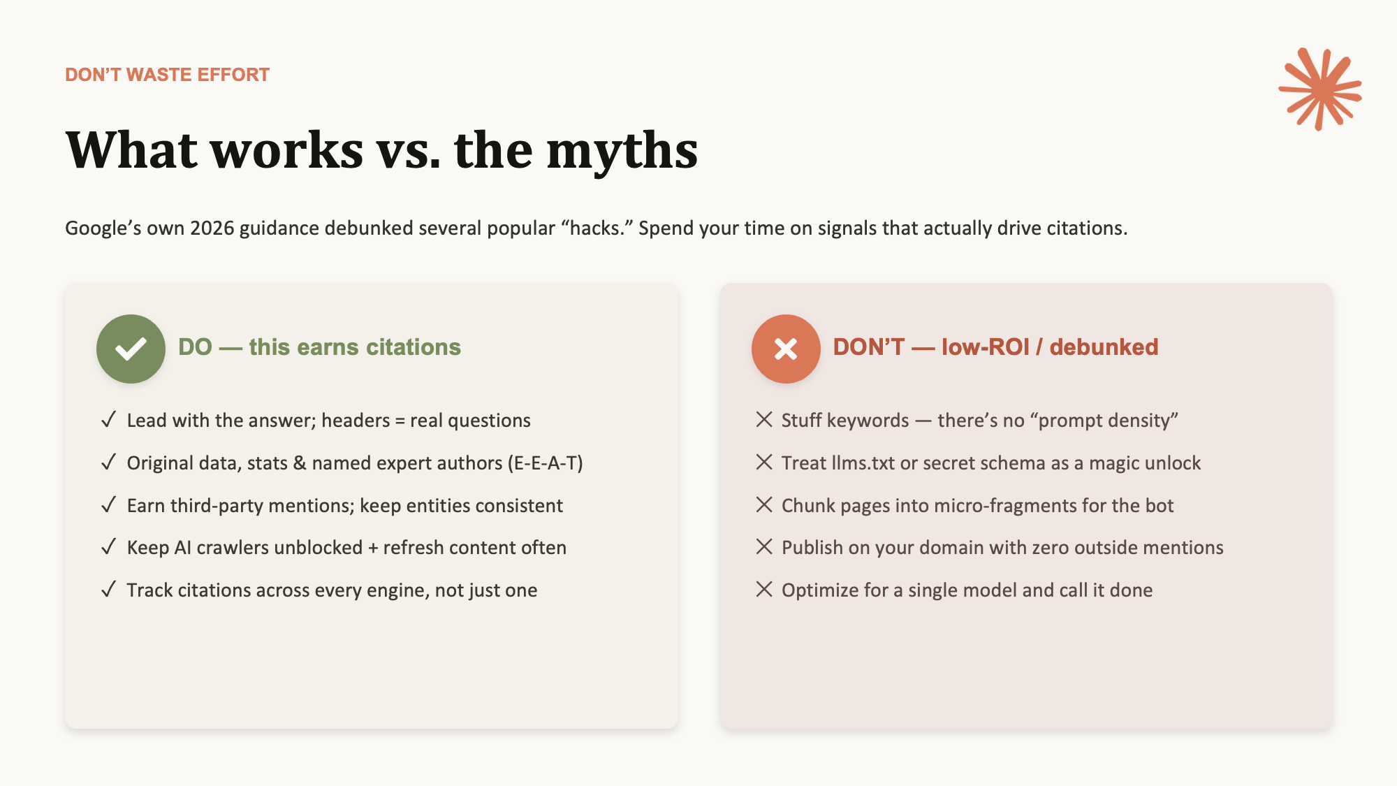 What works vs. the myths — do this to earn citations, skip the debunked hacks